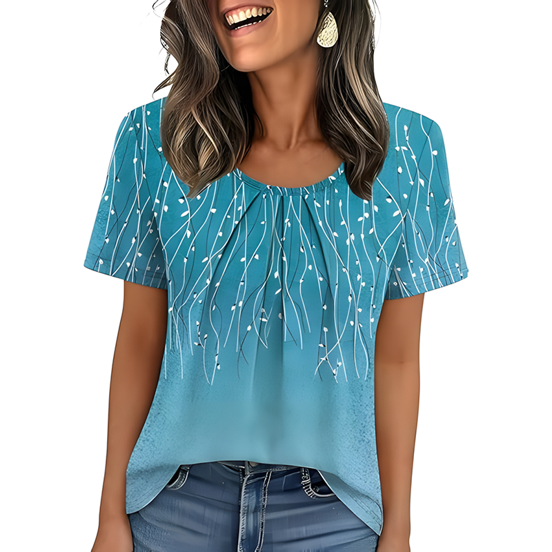 Woman Casual Front Pleated Crew Neck Short Sleeve Tshirt