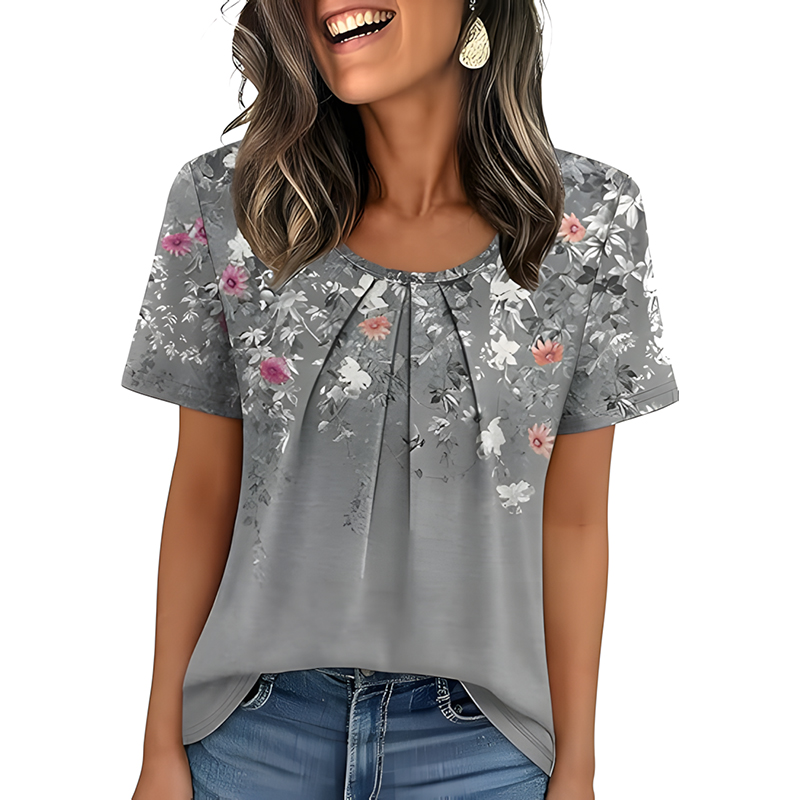 Woman Casual Front Pleated Crew Neck Short Sleeve Tshirt