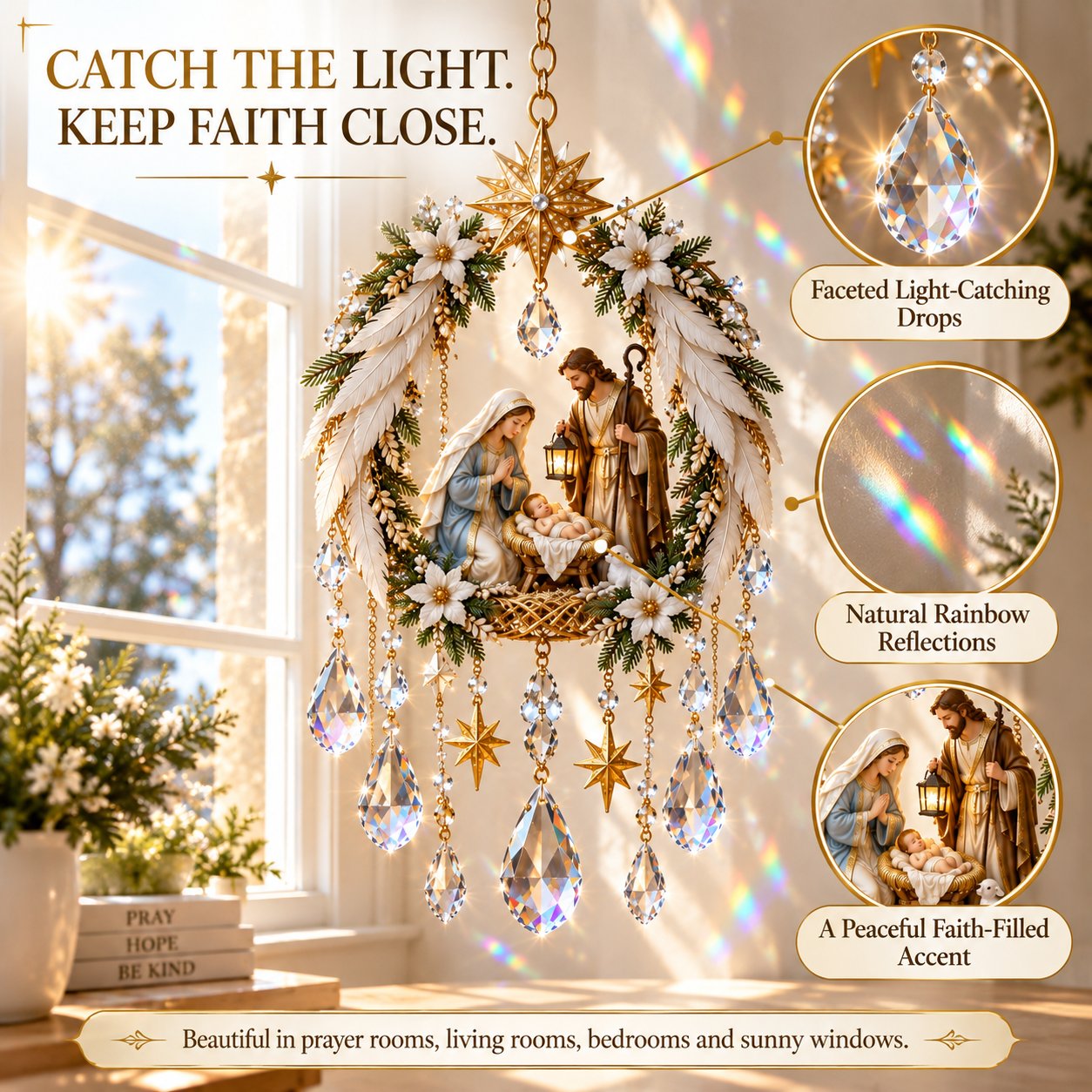 Detailbild des Weihnachtskrippen-Sonnenfängers, das facettierte Tropfen, Regenbogenreflexionen und das Glaubenszentrum zeigt