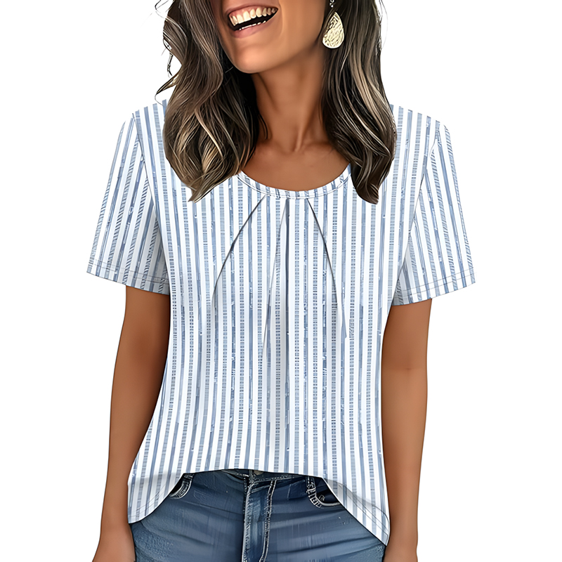 Woman Casual Front Pleated Crew Neck Short Sleeve Tshirt