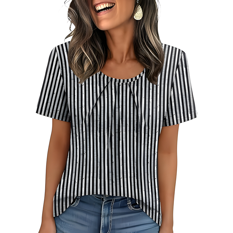 Woman Casual Front Pleated Crew Neck Short Sleeve Tshirt