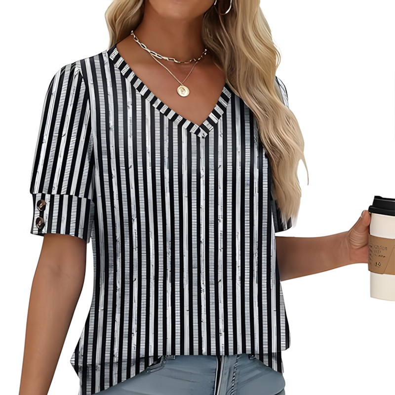 Women's button-down V-neck short-sleeved shirt