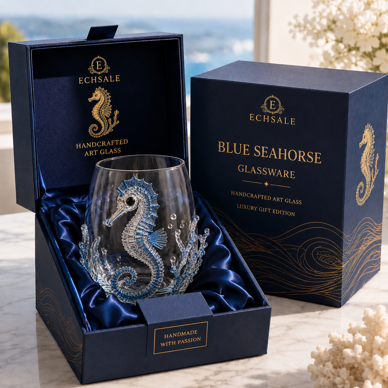The Coral Dancer | Elegant 3D Seahorse & Reef Embossed Glass