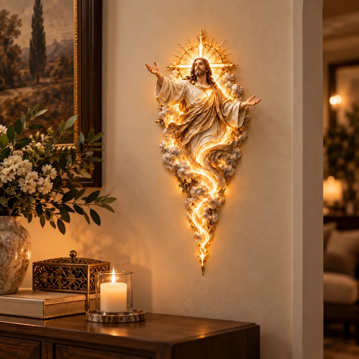  Licht der Welt Jesus Wandskulptur, die in einem Zuhause leuchtet 