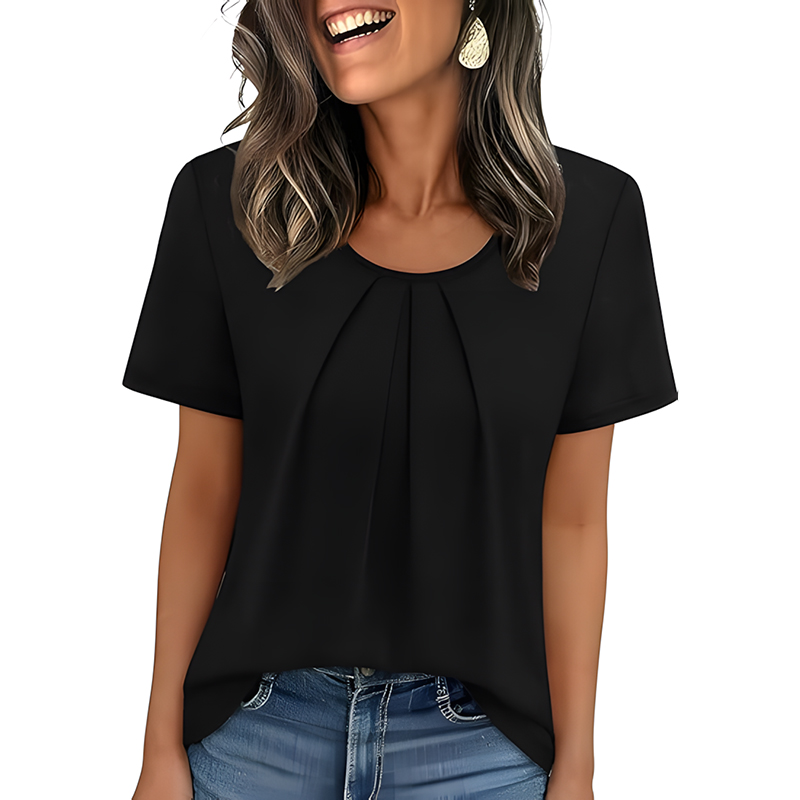 Woman Casual Front Pleated Crew Neck Short Sleeve Tshirt