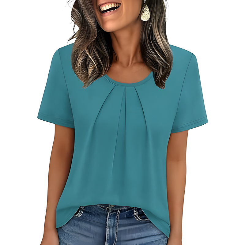 Woman Casual Front Pleated Crew Neck Short Sleeve Tshirt