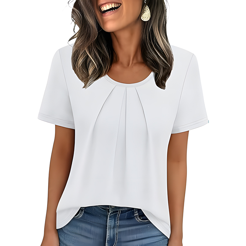 Woman Casual Front Pleated Crew Neck Short Sleeve Tshirt