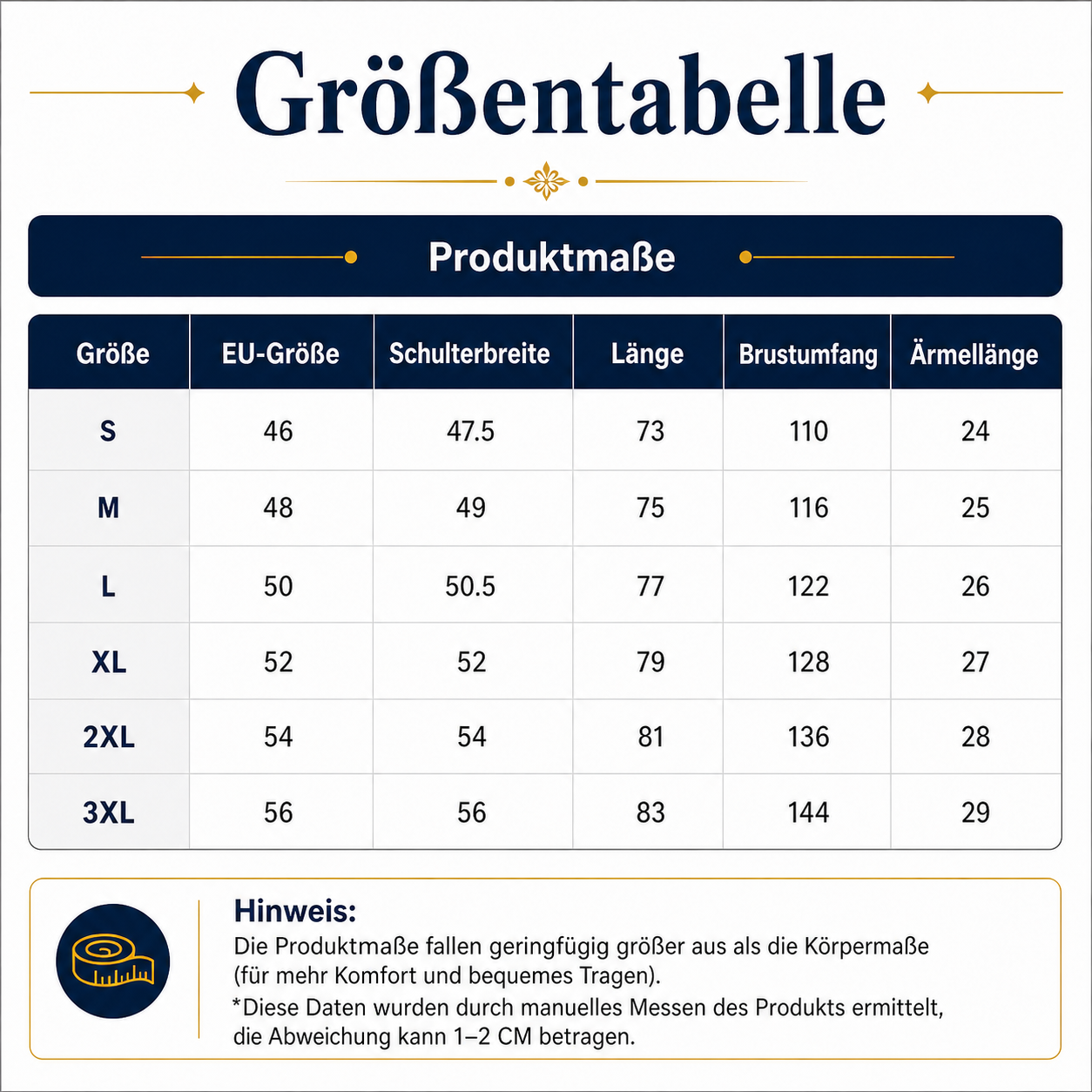 Gr&ouml;&szlig;entabelle des Herren-Sommer-Sets