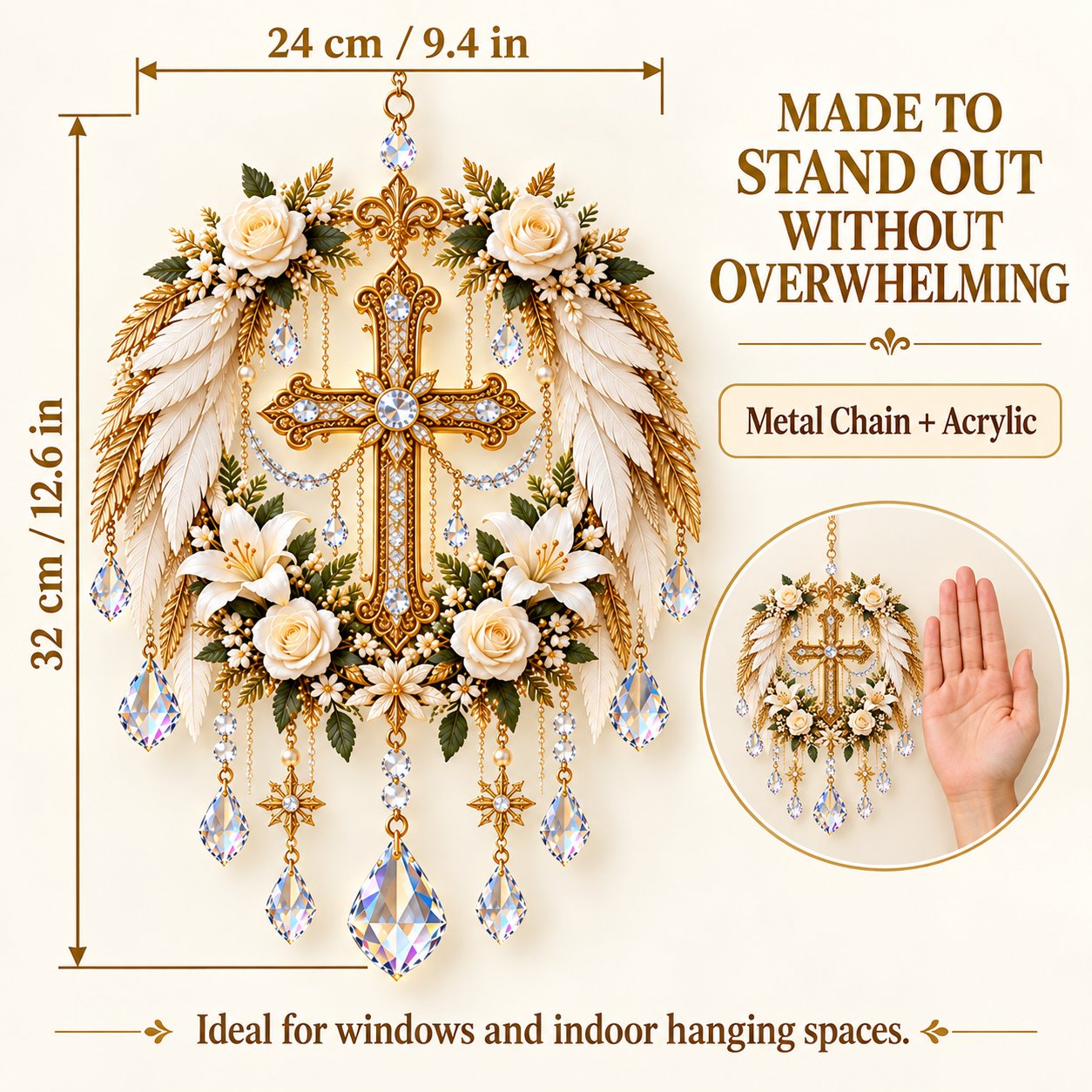 Größendiagramm für Kreuz und weiße Blumen, das eine Höhe von 32 cm oder 12,6 Zoll und eine Breite von 24 cm oder 9,4 Zoll zeigt