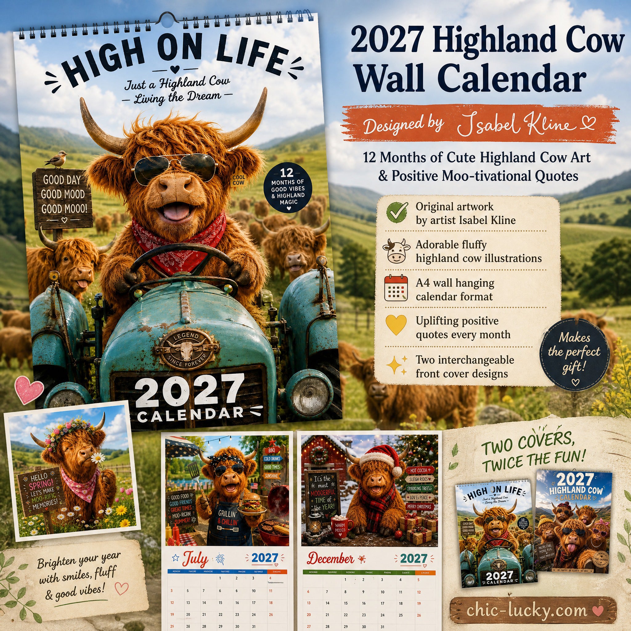 ⏳LAST DAY SALE ONLY ￡12.99!!🔥2027 Funny Highland Cow Wall Calendar | A4 Hanging Calendar | Designed by Isabel Kline