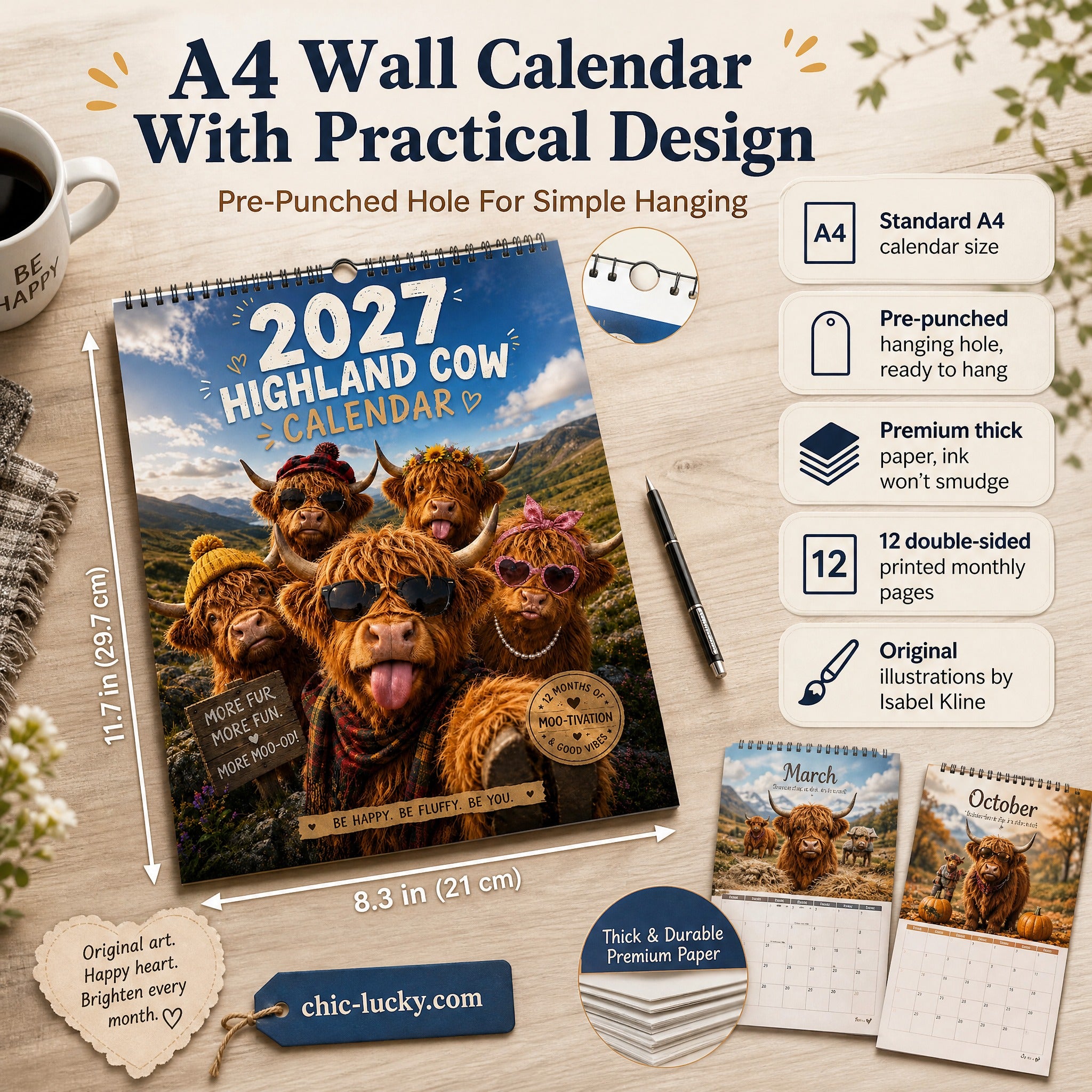 ⏳LAST DAY SALE ONLY ￡12.99!!🔥2027 Funny Highland Cow Wall Calendar | A4 Hanging Calendar | Designed by Isabel Kline