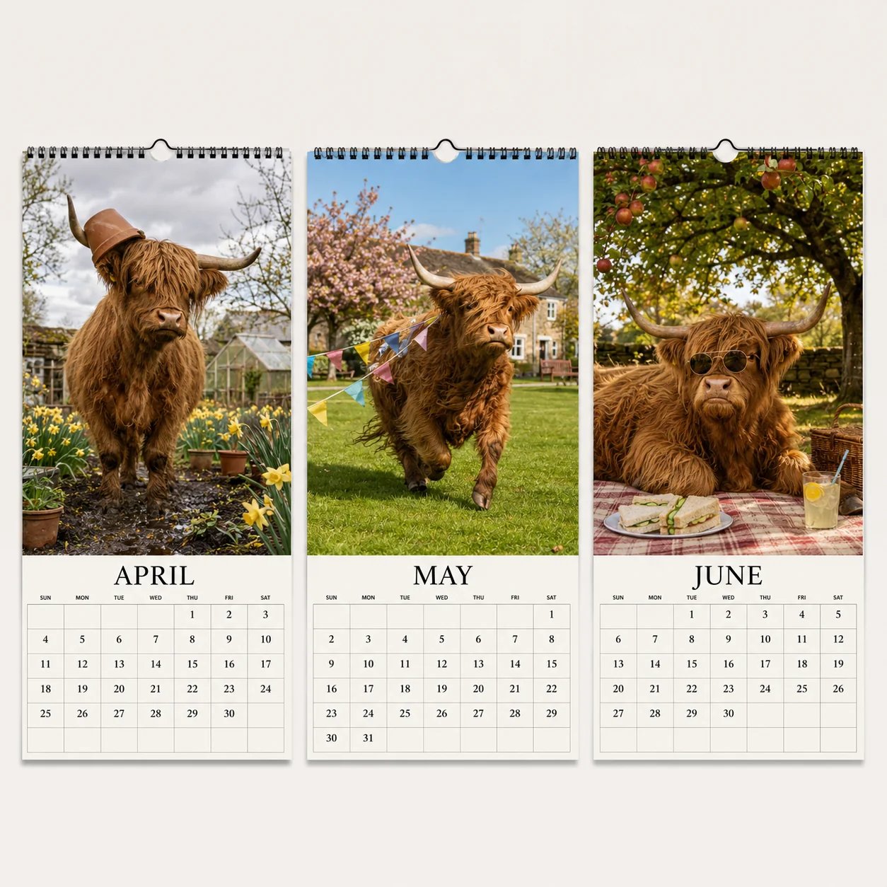 Grumpy Highland cow calendar monthly page