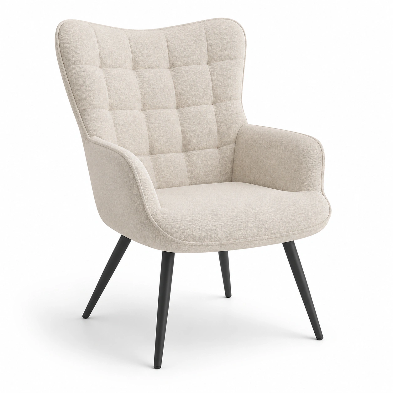 Sillon tapizado beige con respaldo envolvente