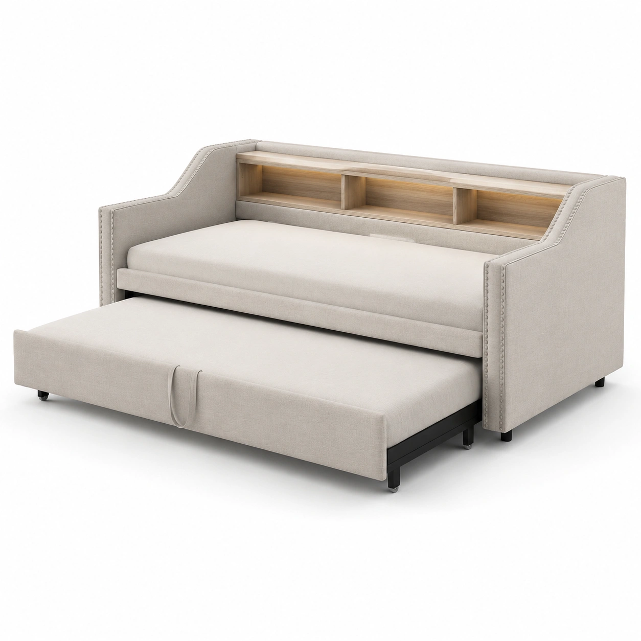 Sofa cama extensible con estanteria color beige