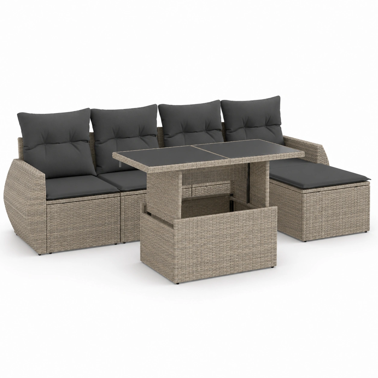 Conjunto de sofa de jardin de ratan gris para 4 personas con mesa elevable