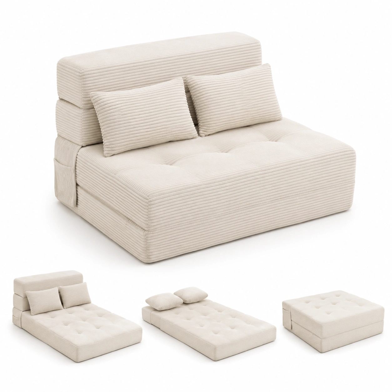 Sofa cama plegable de pana color marfil