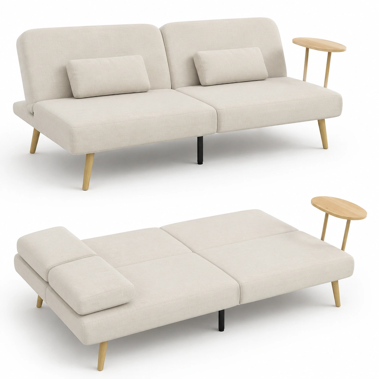 Sofa cama tapizado con mesa lateral color marfil