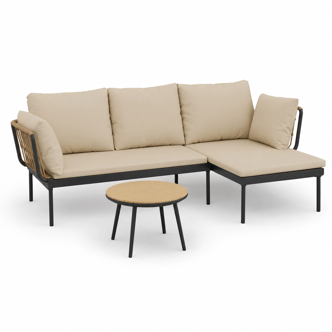 Conjunto de sofa esquinero para exterior color beige con mesa de centro