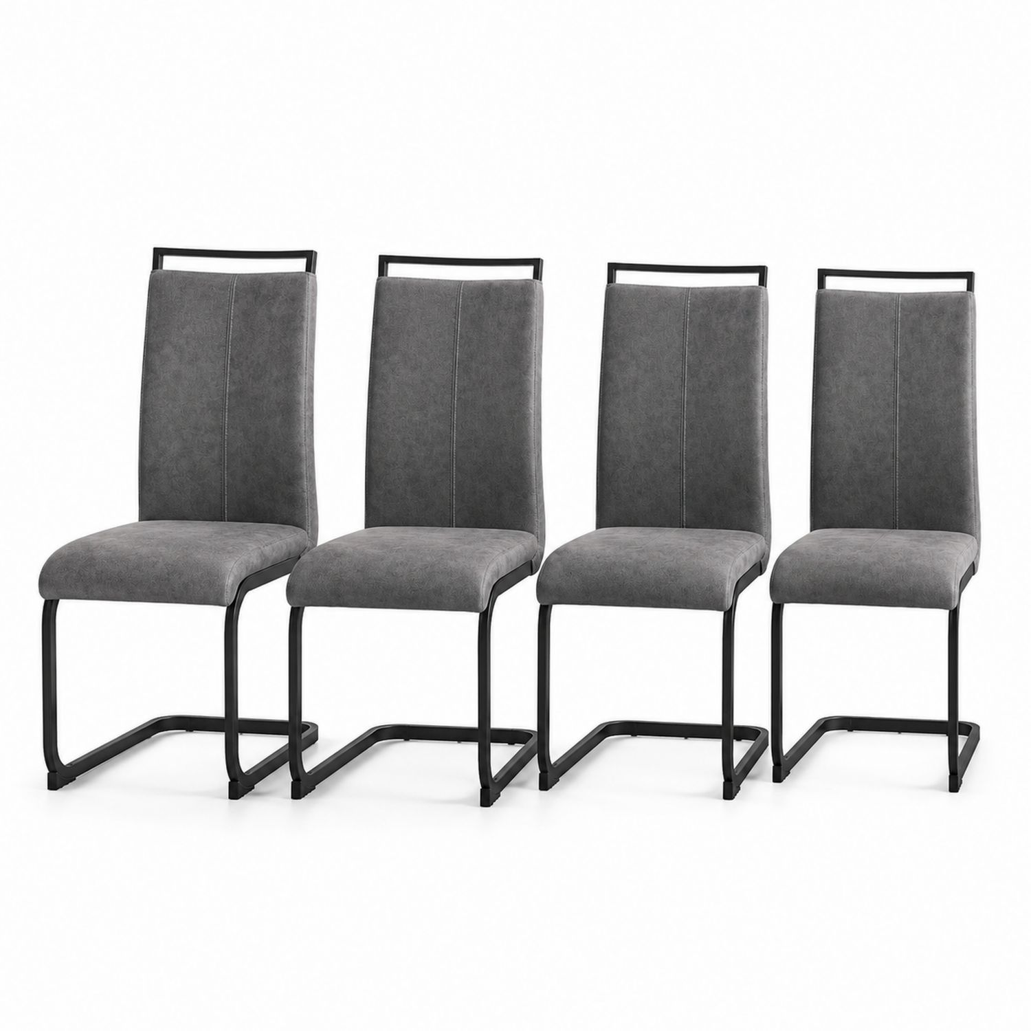 Juego de 4 sillas de comedor de tela gris con estructura de metal negro