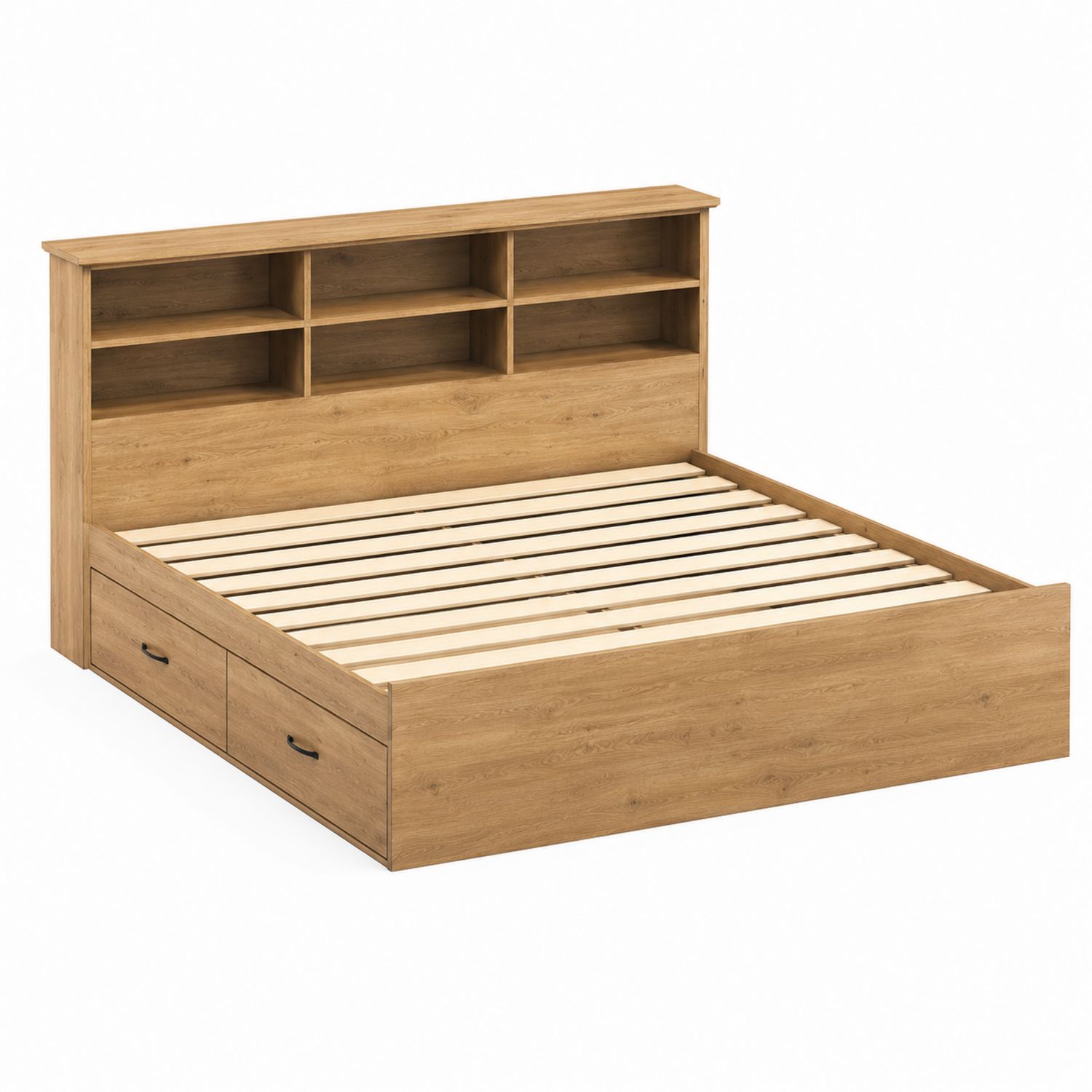 Cama de madera MDF con almacenamiento y estantería