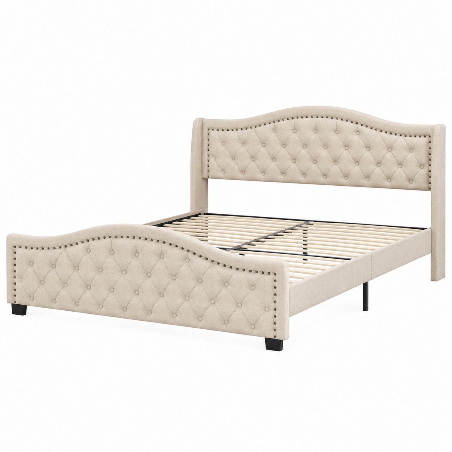 Cama tapizada de poliéster beige con cabecero capitoné