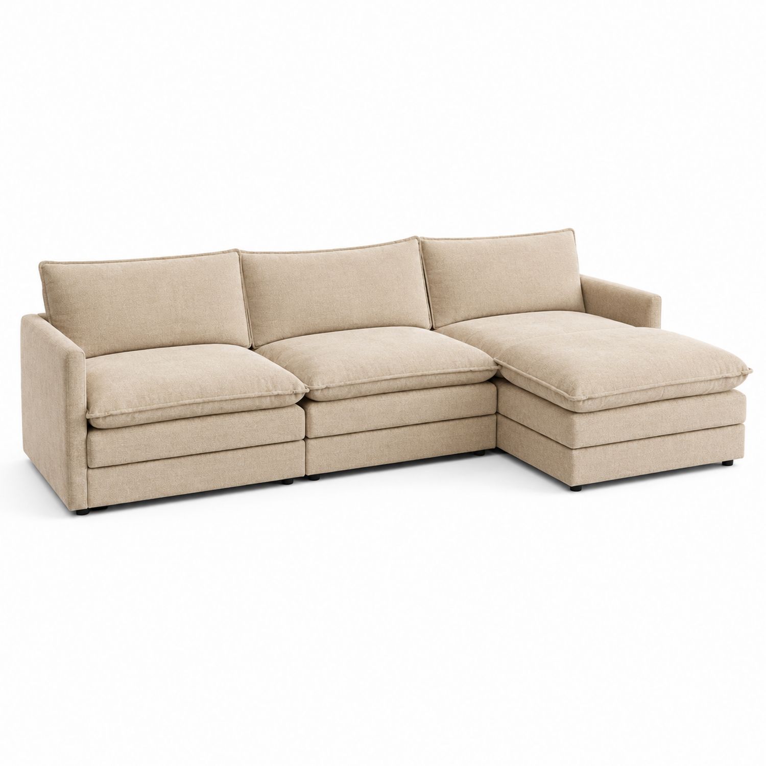 Sofá seccional en L de tela beige, 3 plazas con chaise longue