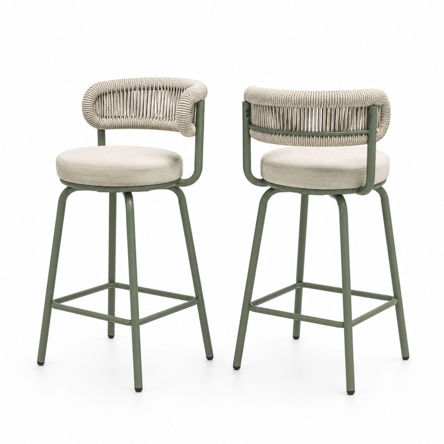 Taburetes de metal con respaldo de cuerda y asiento de poliéster beige, set de 2