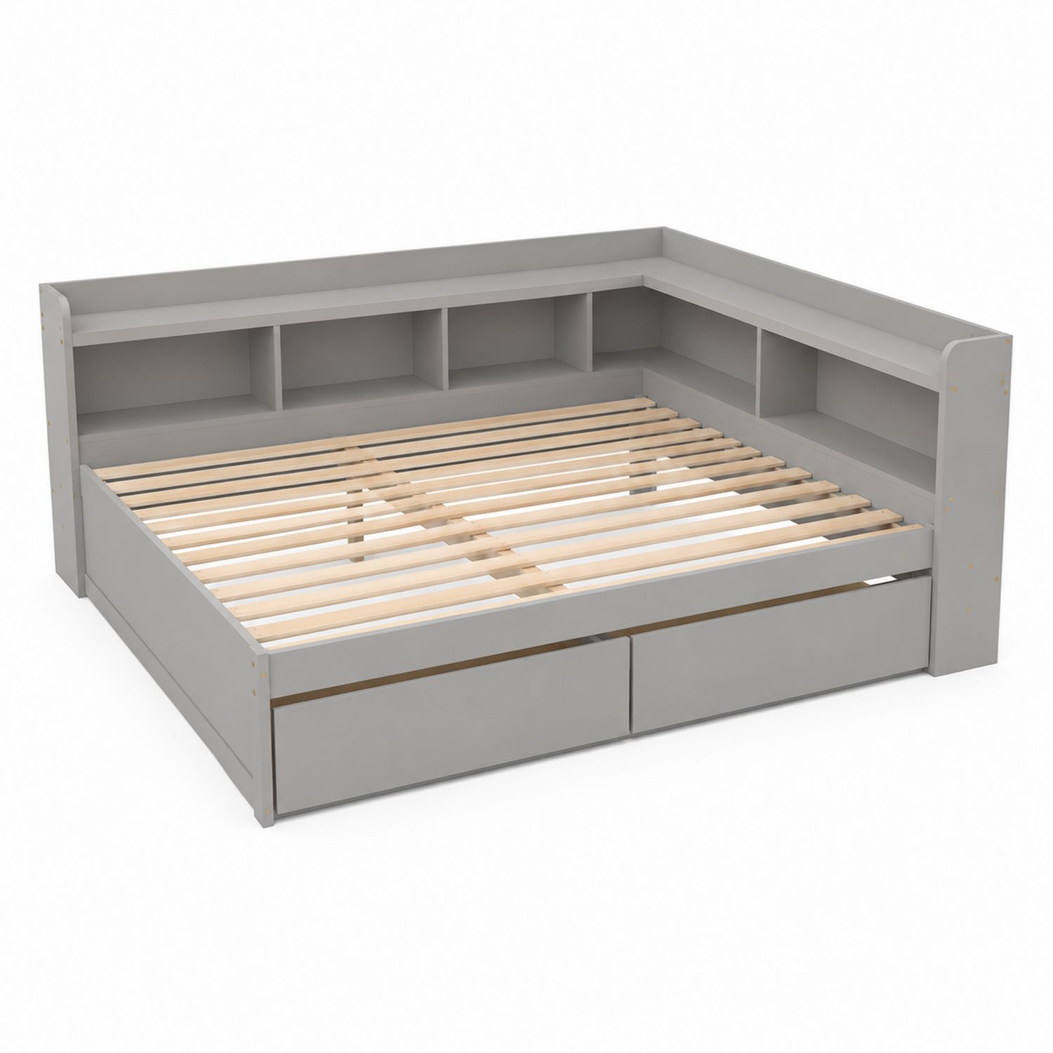 Cama de madera con estantería y cajones 200x150 cm Gris