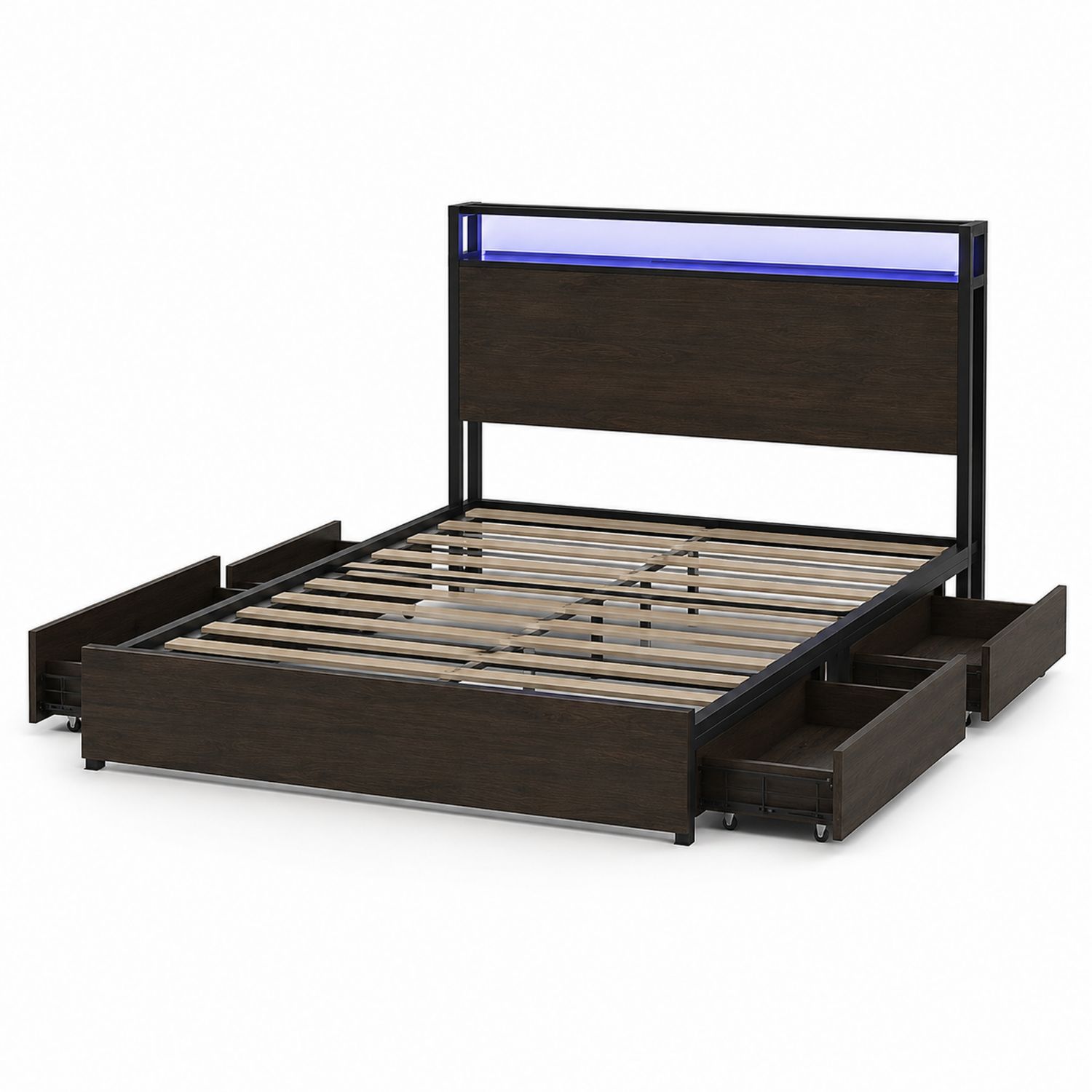 Cama de matrimonio de MDF y acero con almacenamiento y luz LED 200x160 cm