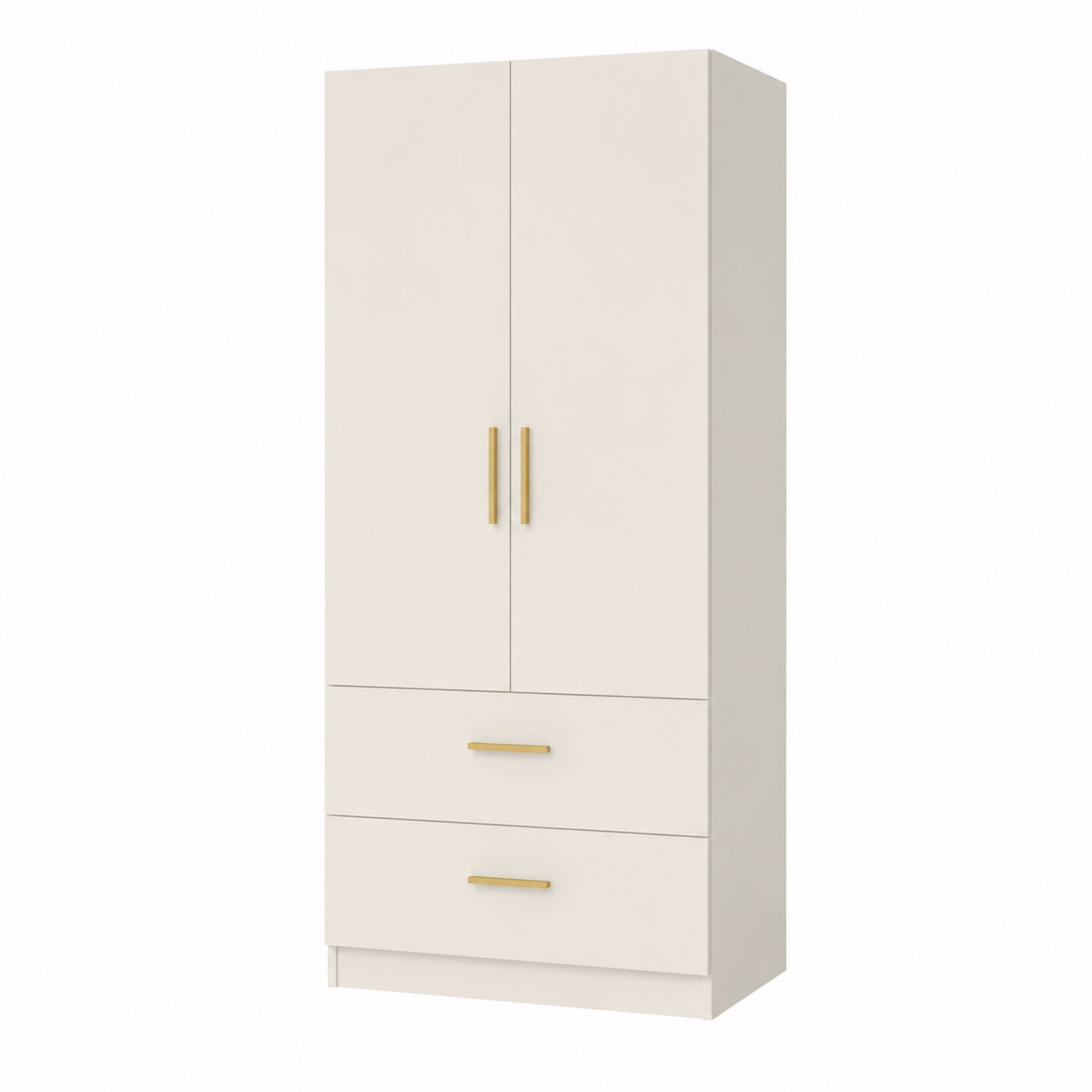 Armario de dos puertas con cajones, madera MDF blanca y tiradores dorados, 180x80x50 cm