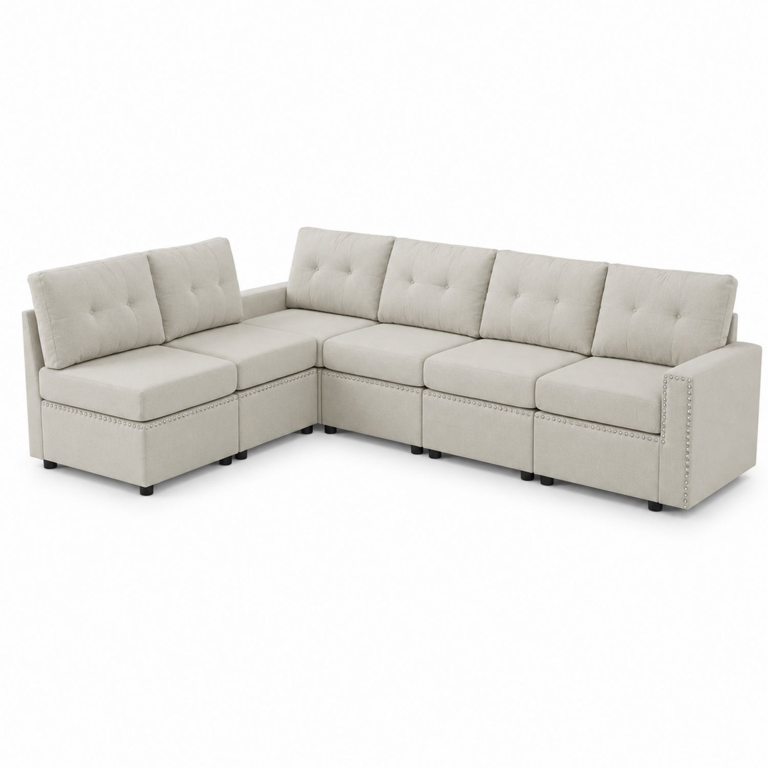 Sofá Seccional en L Beige de Tela con Detalles de Tachuelas 250 cm