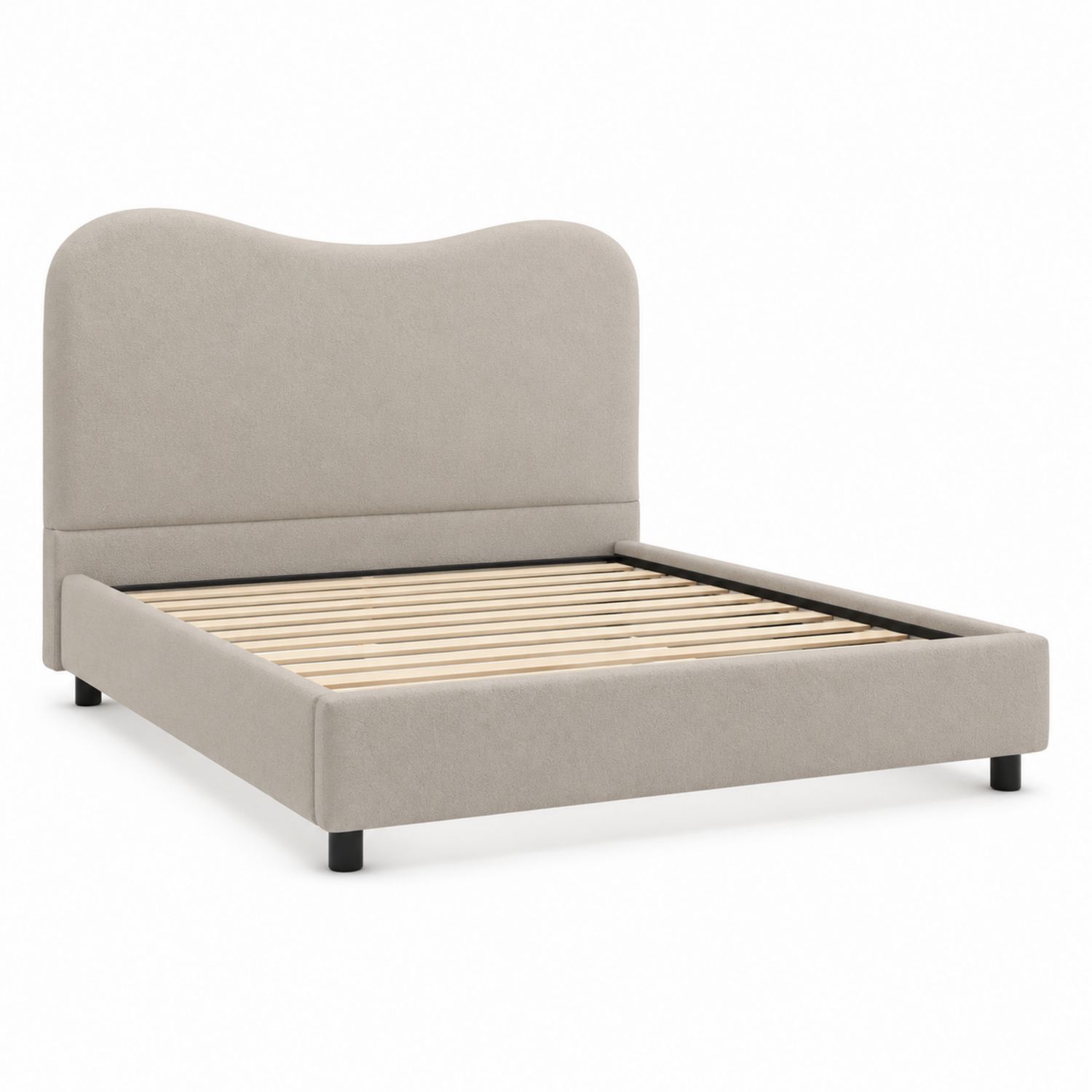 Cama tapizada de tela gris con cabecera curva