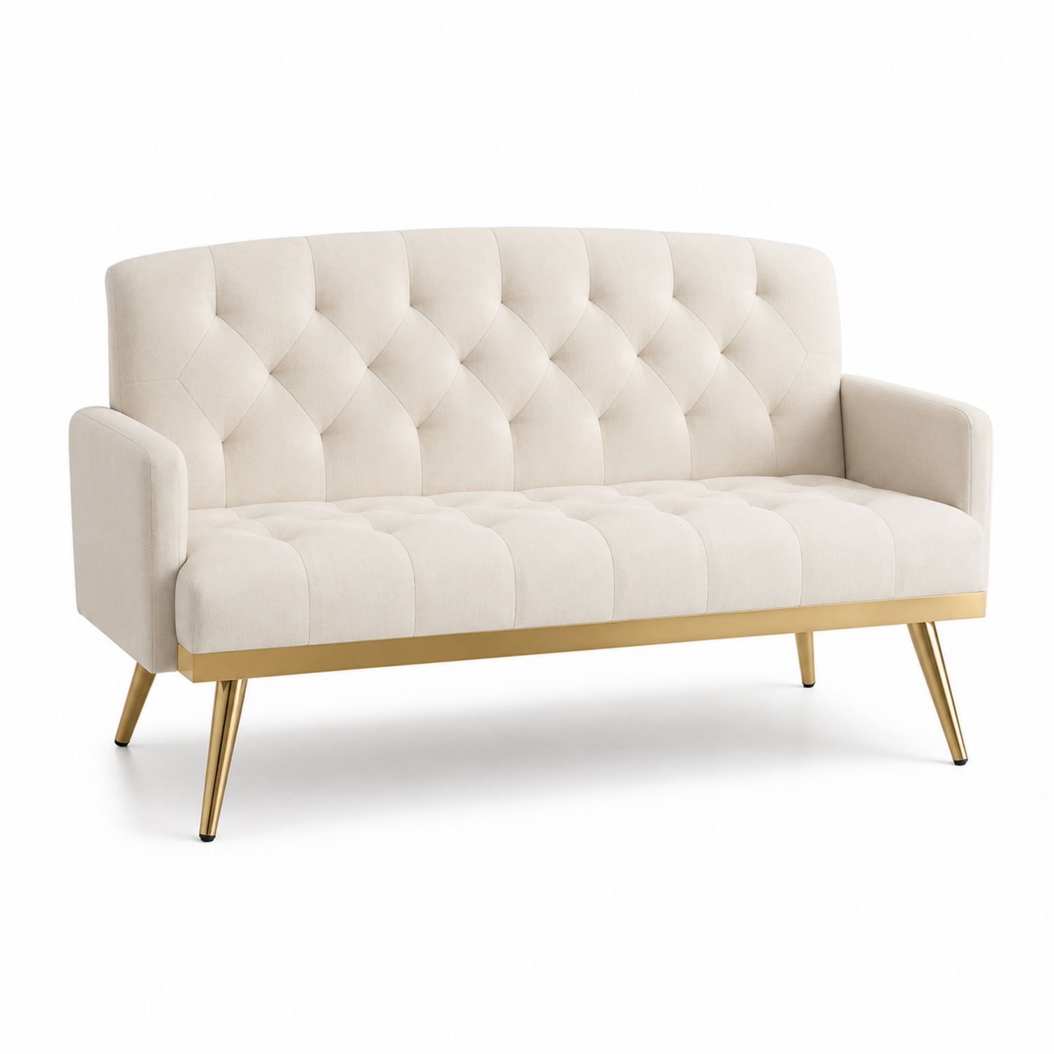 Sofá de tela beige con patas metálicas doradas