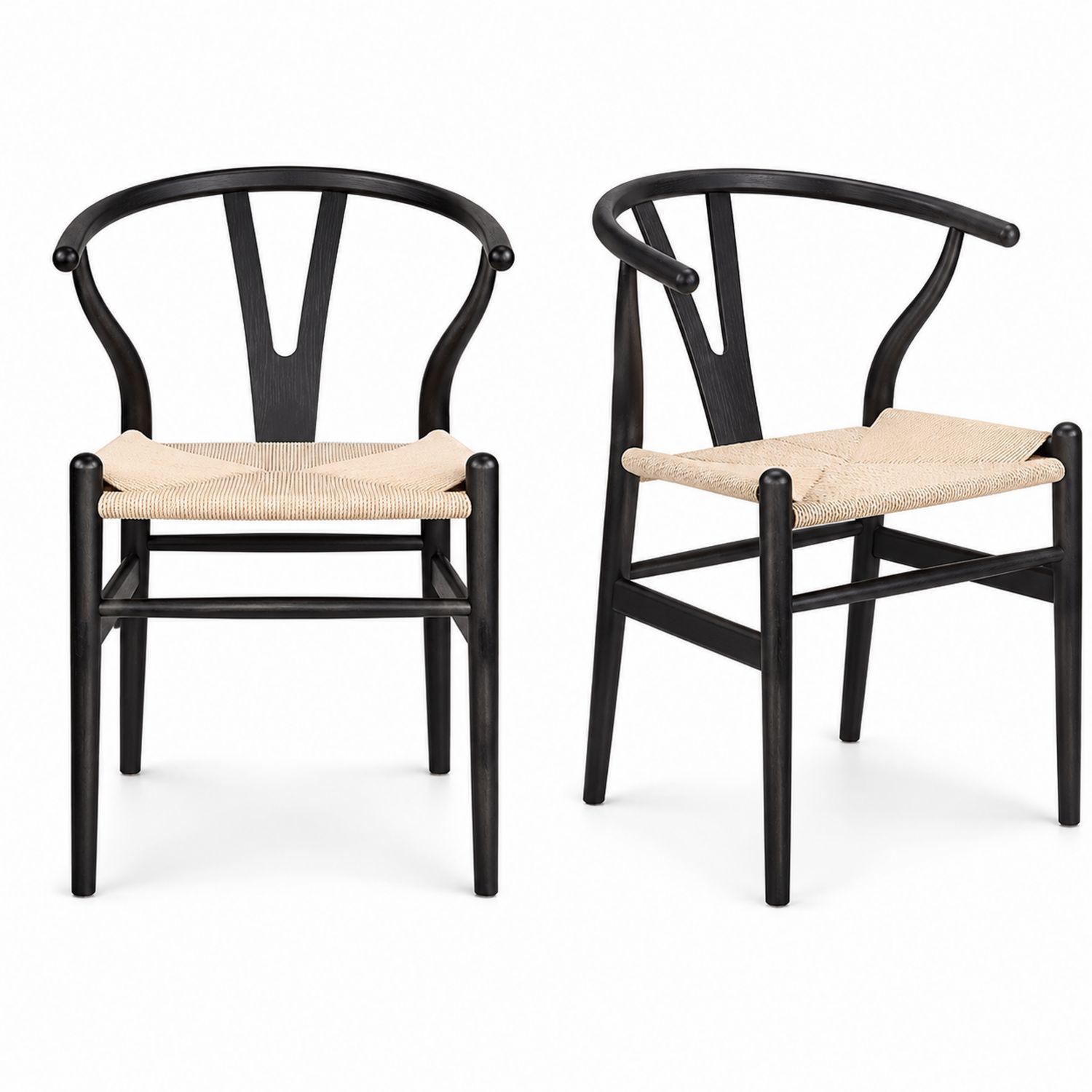 Juego de 2 sillas de madera negra con asiento de cuerda