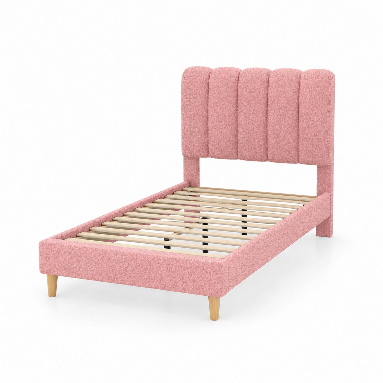 Cama individual tapizada en tela de poliéster rosa
