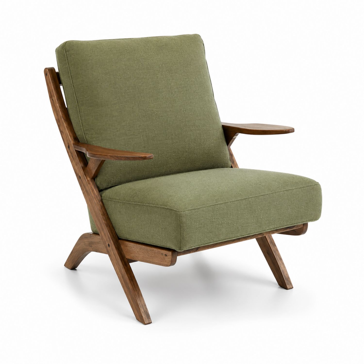 Sillón de madera con cojín de lino verde
