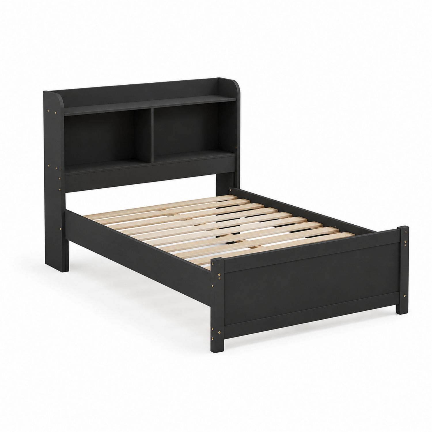Cama Individual de MDF con Cabecero de Estante, Negro