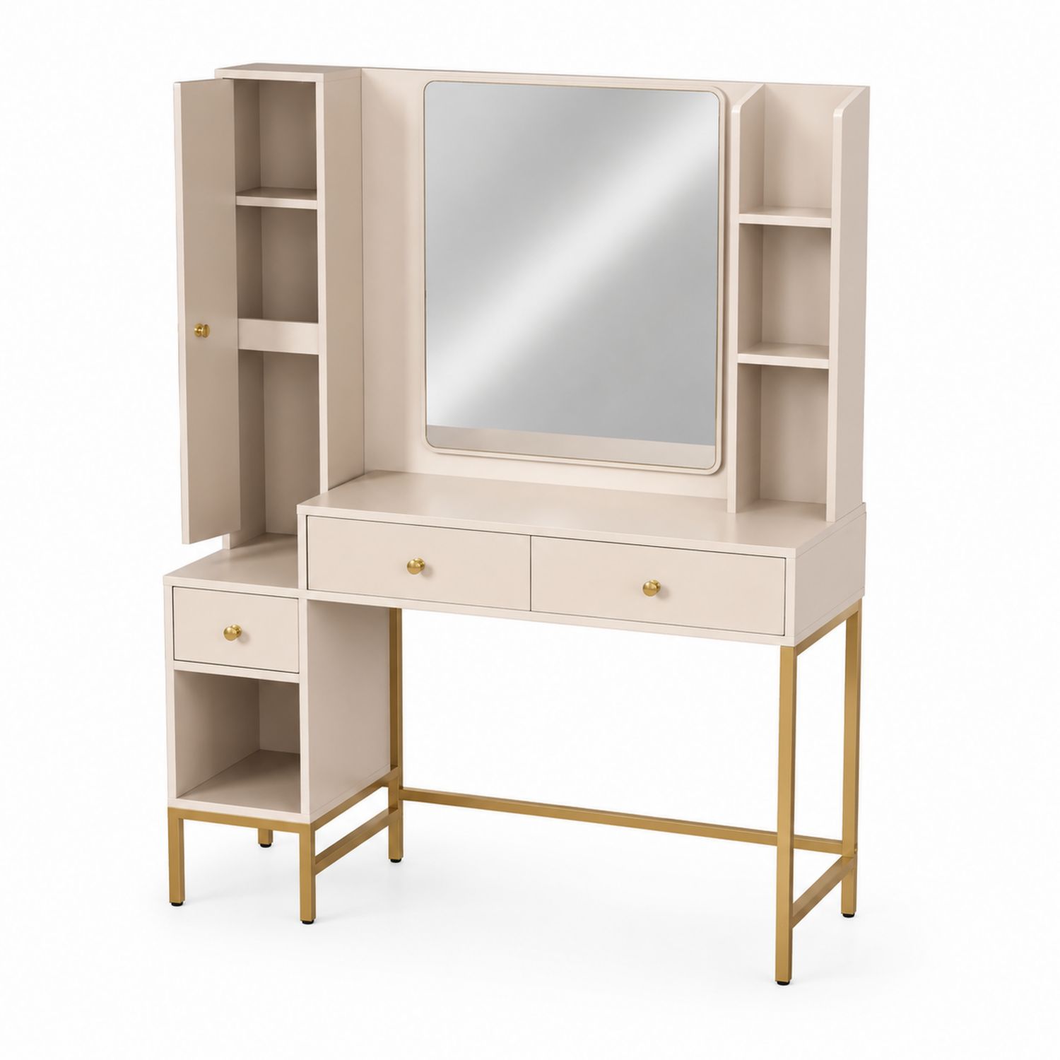 Tocador de Madera y Metal Beige con Espejo Rectangular