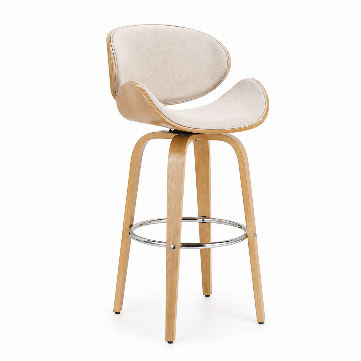 Taburete de Bar de Madera y Tela Beige con Respaldo Ergonómico