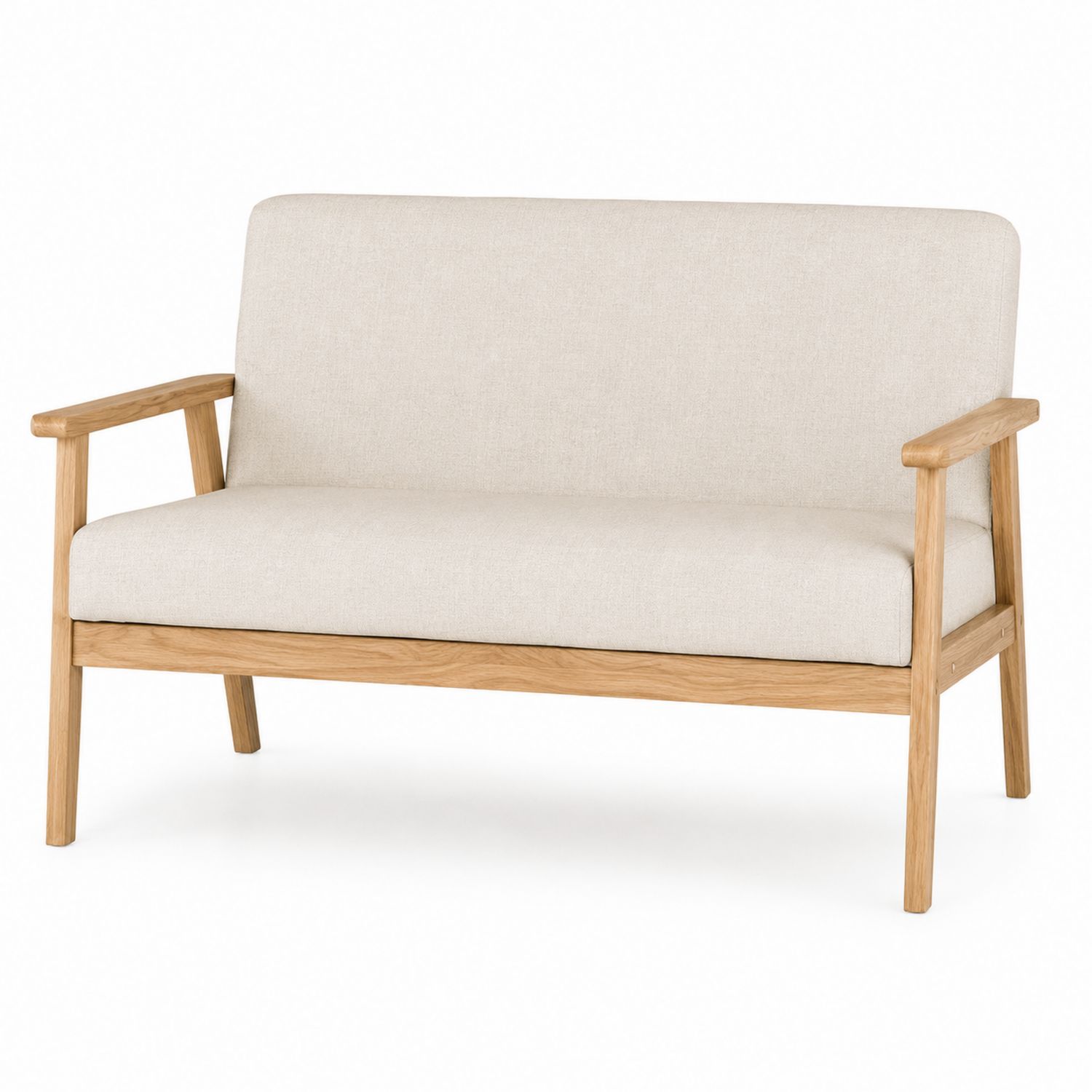 Sofá de dos plazas con estructura de madera de roble y tapizado en lino beige