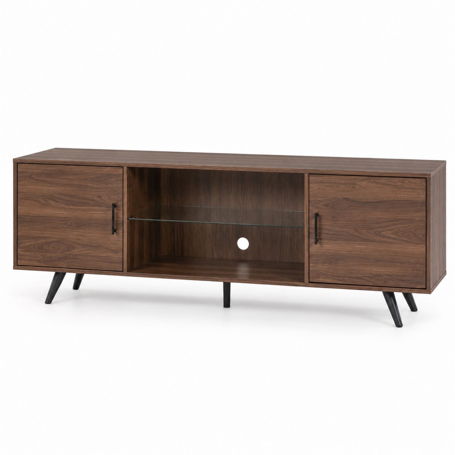 Mueble de TV de madera de nogal con estante de vidrio templado