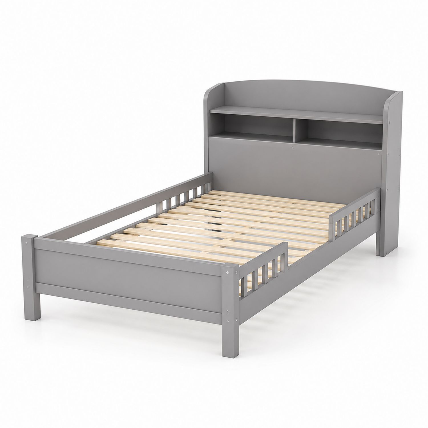 Cama individual de madera gris con estantes