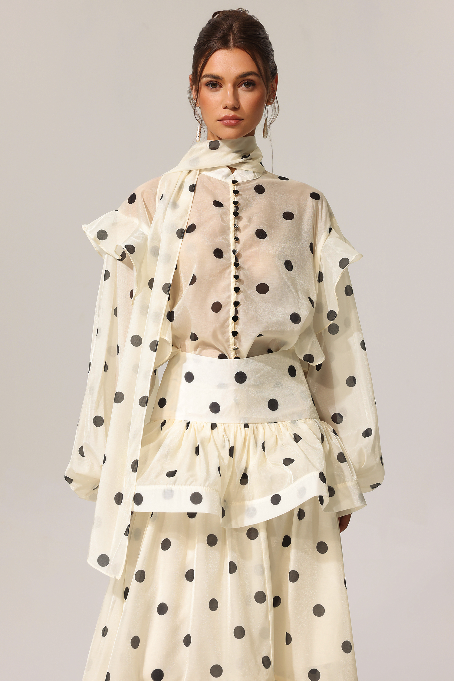 Rode Dot Printed Folds Long Sleeves Top And Skirt Two-Piece Set