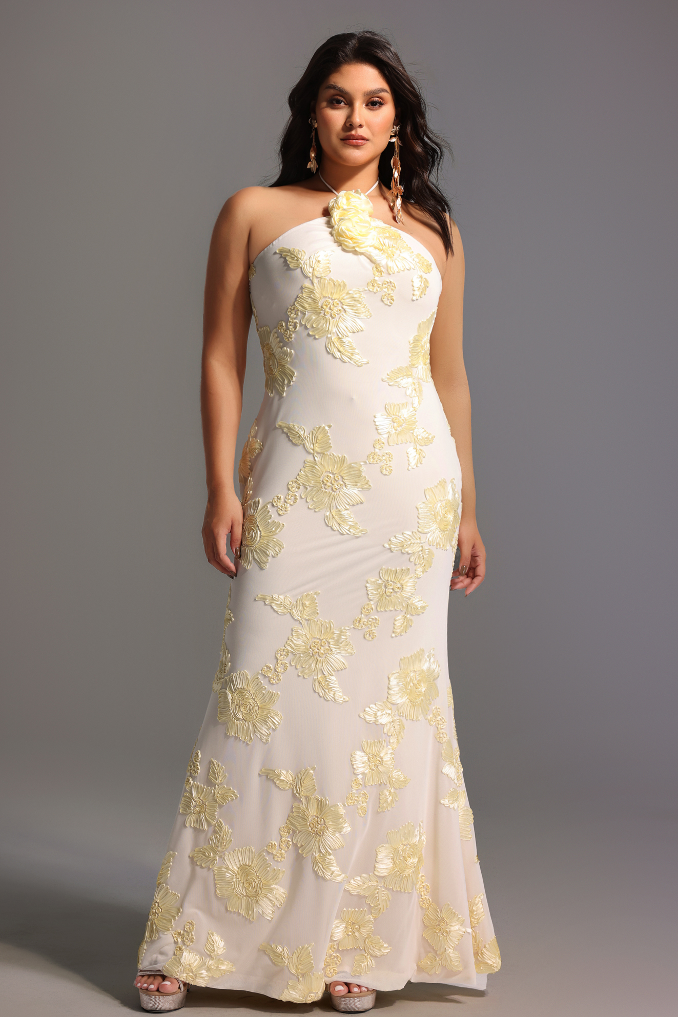 Griselda Flower Halter Embroidery Maxi Dress - White