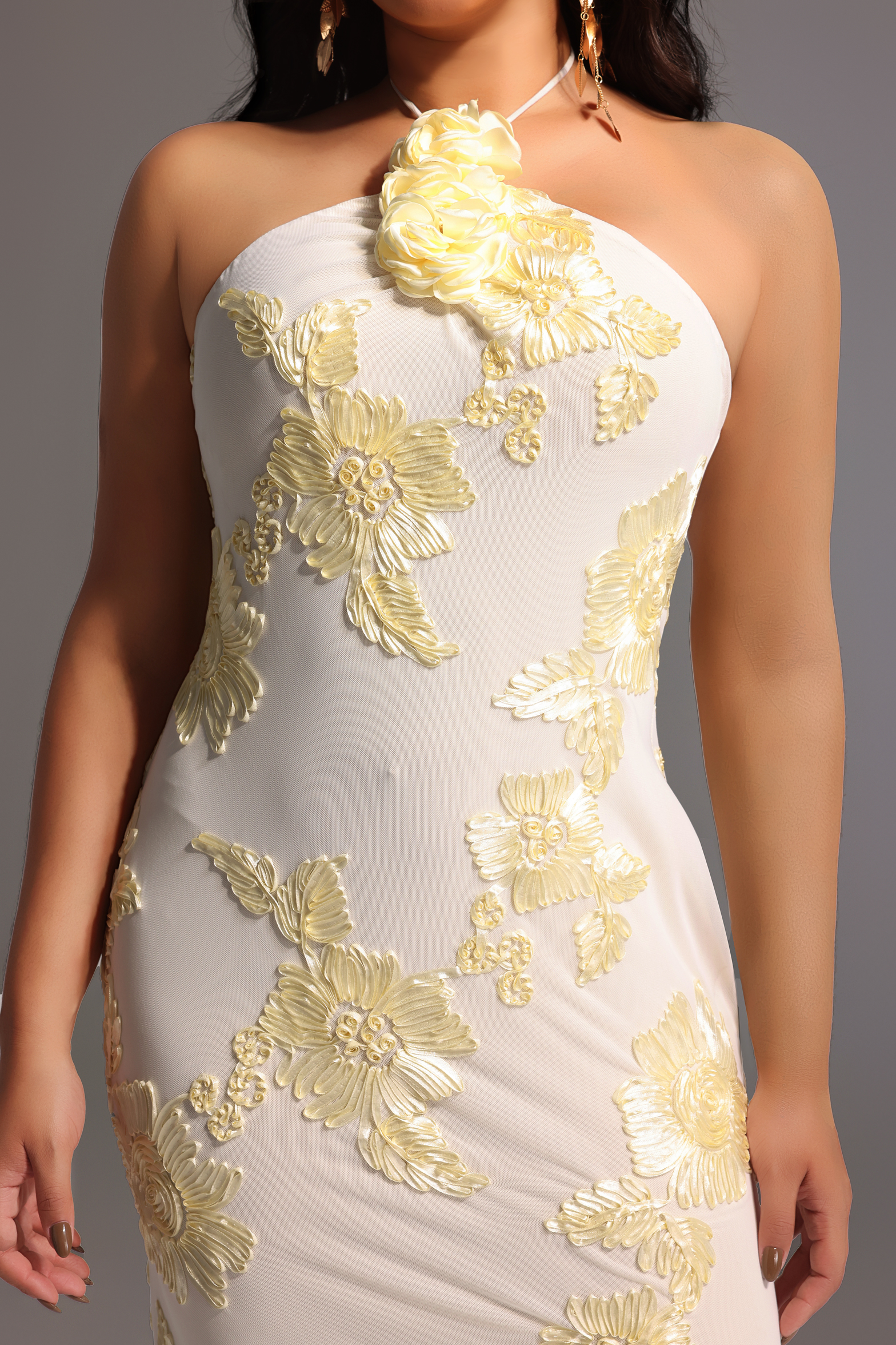 Griselda Flower Halter Embroidery Maxi Dress - White