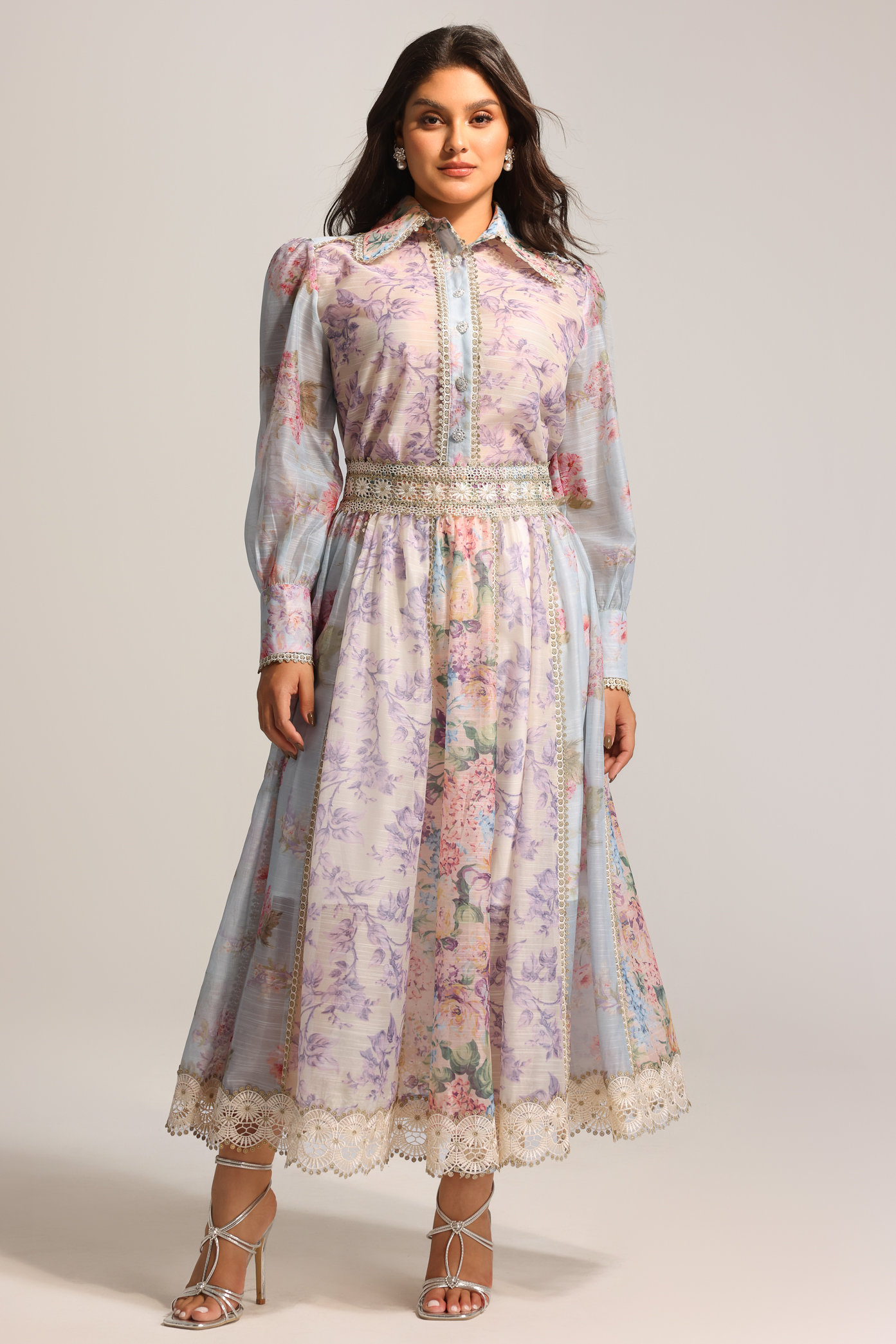 Ruby Long Sleeve Floral Printed Lace Top And Skirt Two-Piece Set