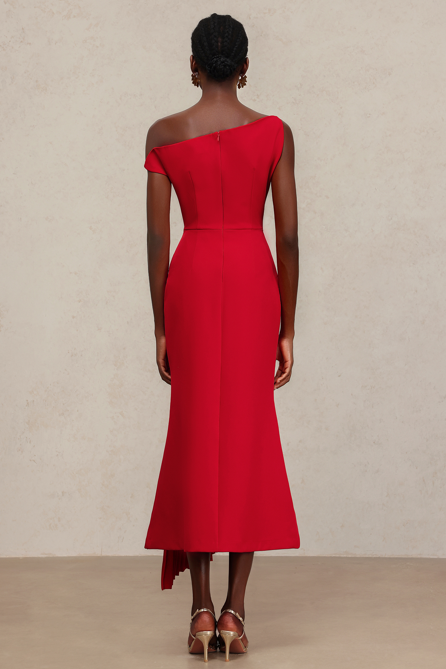Jillian Oblique Shoulder Sleeveless Folds Midi Dress