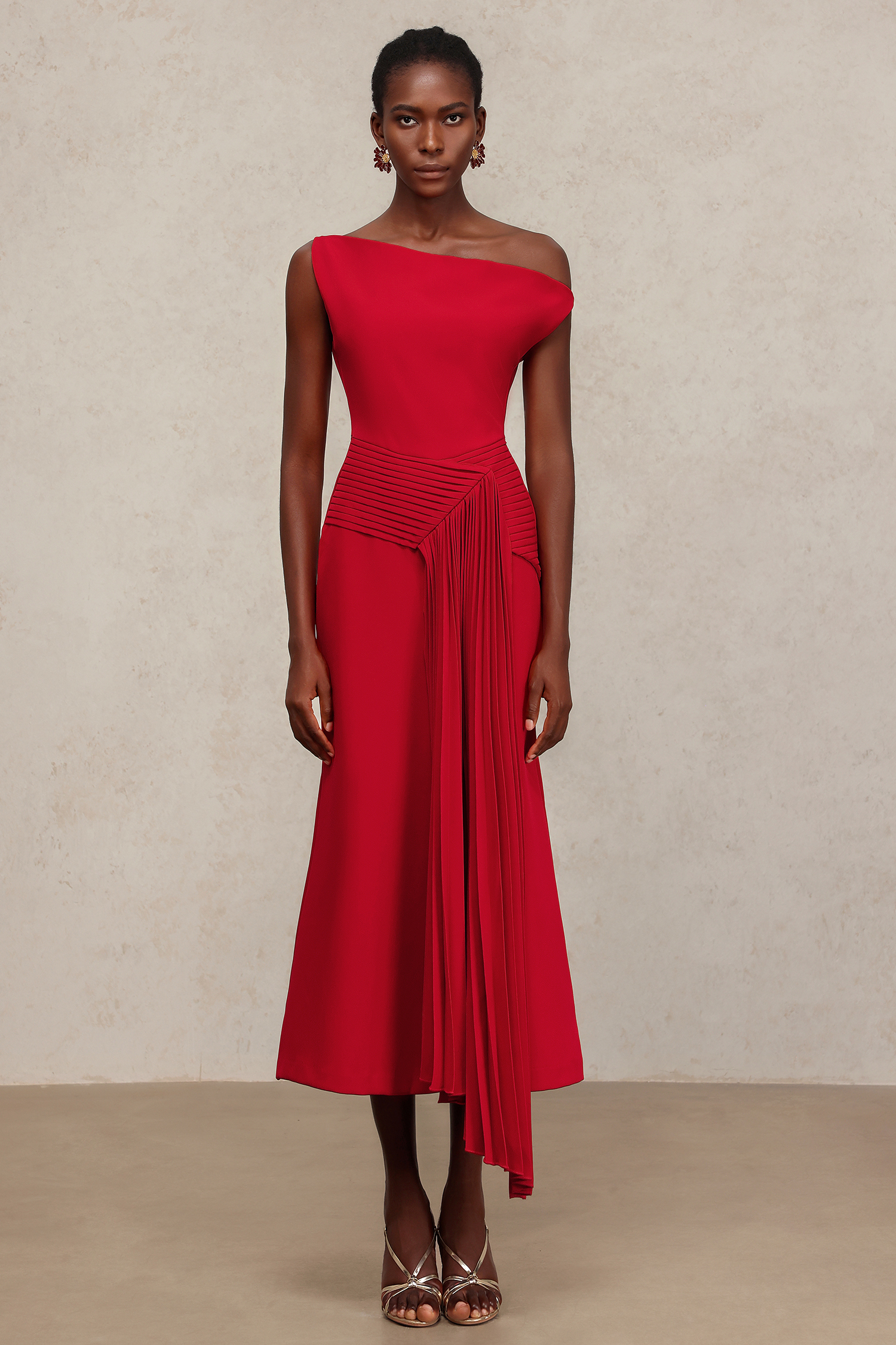 Jillian Oblique Shoulder Sleeveless Folds Midi Dress