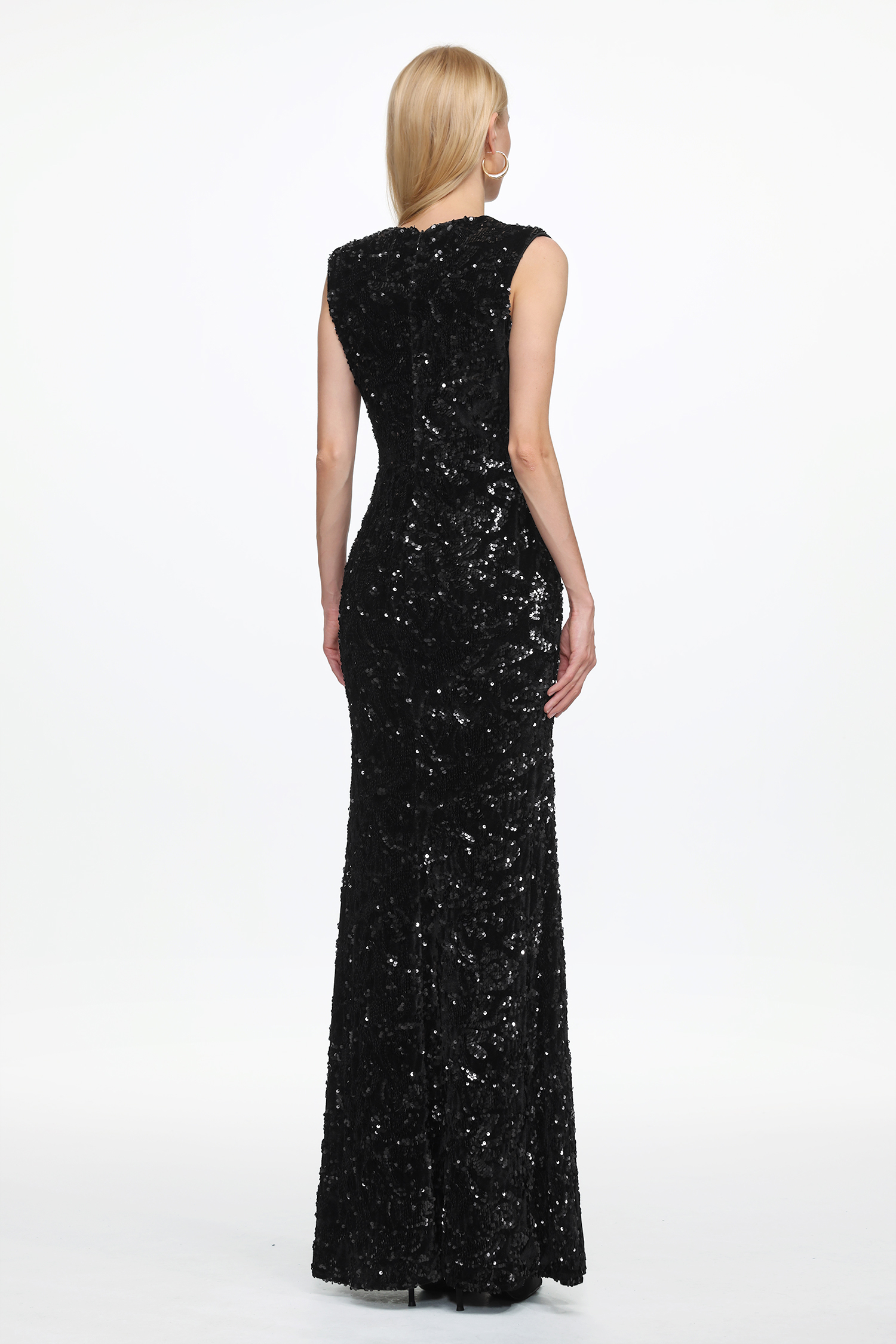 Chic Contour Sleeveless Deep V Metal Buckle Sequin Velvet Maxi Dress