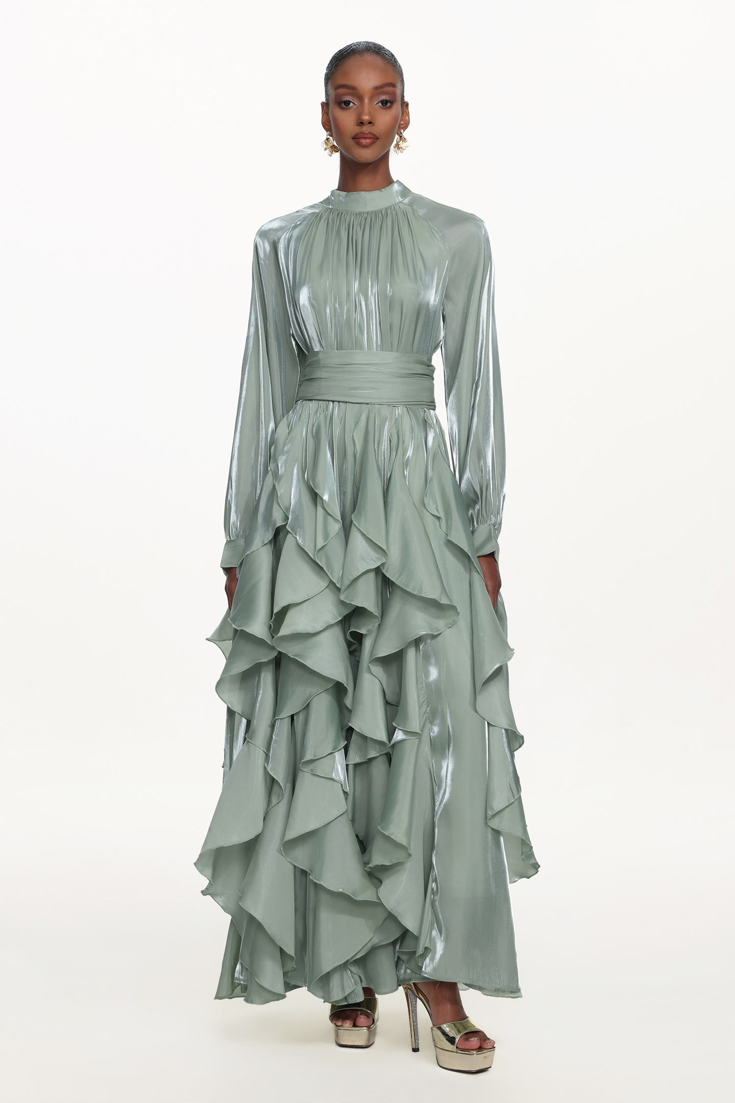 Grasa Elegant Flowy Long Sleeve Pleated Ruffle Maxi Dress